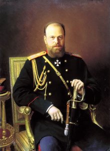 Портрет Императора Александра III в военной форме одежды, художник Иван Крамской. Видны погоны, портупея и темляк